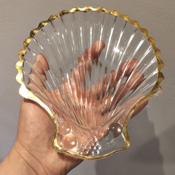 🌷2/35🌷Vntg Seashell Crystal Glass Trinket Dish 18k Gold Rim with Fruits Grapes - Picture 9 of 16